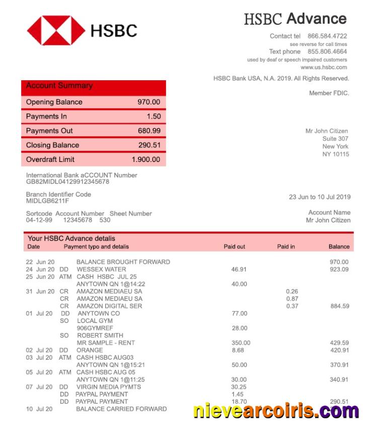 USA HSBC bank statement, fully editable in PSD format